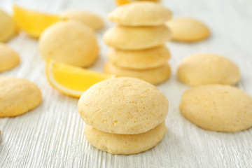 Homemade cookies with lemon flavor on wooden table