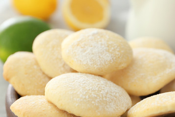 Homemade lemon cookies on table, closeup