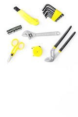 house renovation with implements set for building, painting and repair white table background top view mockup