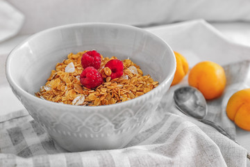 Delicious breakfast on napkin, close up