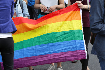 Concept of sexual minority. People holding gay rainbow flag outdoors