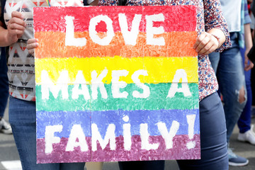 Concept of sexual minority. Woman holding poster with text LOVE MAKES A FAMILY during gay parade...