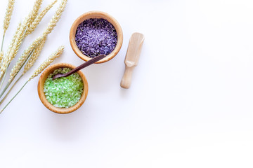 natural cosmetics with wheat and herbs for homemade spa on stone background top view mock up