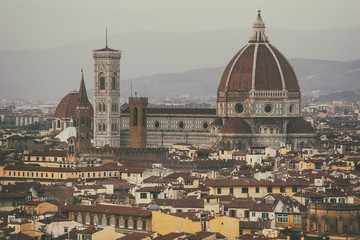 Duomo Santa Maria Del Fiore and Bargello view from Piazzale Michelangelo in Florence, Tuscany, Italy. Outdoor travel european background.