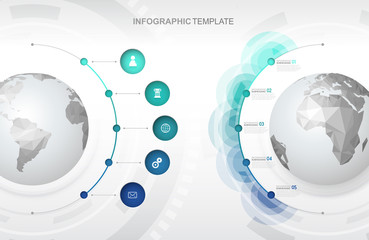 Infographic template with five circles and icons line up beside polygonal maps - light version.