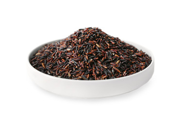 Bowl with brown rice on white background