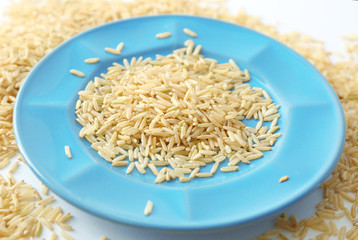 Plate of long grain brown rice on white background