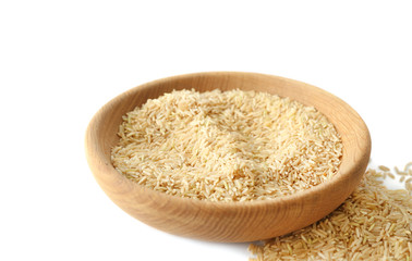 Bowl of long grain brown rice on white background
