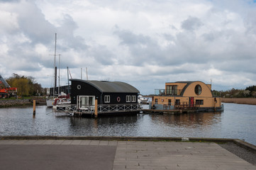 Sakskoebing Denmark -  April 14 2017: houseboats in the harbor