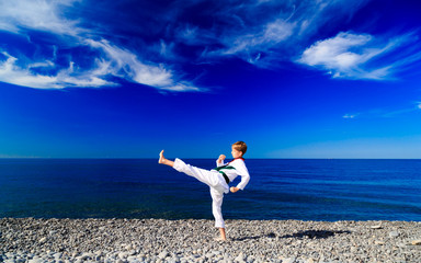 Тренировка мальчика на пляже, на море: тхэквондо, спорт