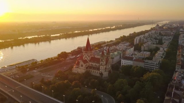 vienna landmark sightseeing st.francis of assisi church aerial view at sunrise