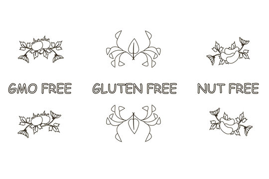 Set of monochrome typography banner with tipping Gluten free, GMO free, Nut free for product design stock vector illustration