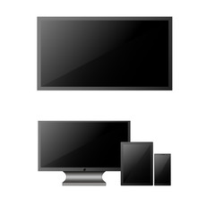 Set of realistic computer monitor, TV LSD, tablet and smartphone. Various modern electronic gadgets on white background