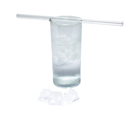 isolated glass of pure water with glass drinking straw and ice. object, beverage.