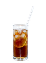 glass of cocktail or tea with glass drinking straw, ice and lemon isolated on white. object; beverage.