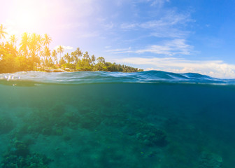 Double landscape with blue sea and sky. Seascape split photo. Double seaview.