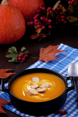 Fresh pumpkin soup. Healthy seasonal food concept