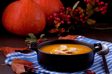 Fresh pumpkin soup. Healthy seasonal food concept