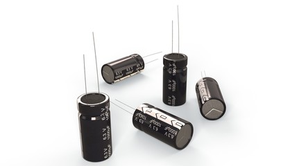 3D rendering - electronic components - a group of electrolytic capacitors isolated on white background.
