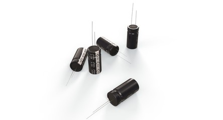 3D rendering - electronic components - a group of electrolytic capacitors isolated on white background.
