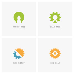 Ecology logo set. Arrow and plant, gear wheel tree, sun or solar with pinion symbol - alternative power source, renewable energy, nature and industry icons.