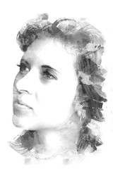Double exposure of a young beautiful girl. Painted portrait of a female face. Black and white picture isolated on white background. Female look. Abstract woman face. Watercolor illustration.