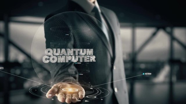 Quantum Computer with hologram businessman concept