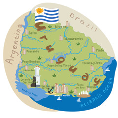 Uruguay. Vector cartoon illustration of the Uruguay map with the architecture doodle, attractions, landmark symbols. Vector illustration with all main symbols of the country.