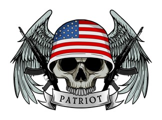Military skull or patriot skull with AMERICA flag Helmet and Wings Background and ak47 Gun