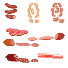 Set of sausage Isolated objects on a white background. Vector illustration