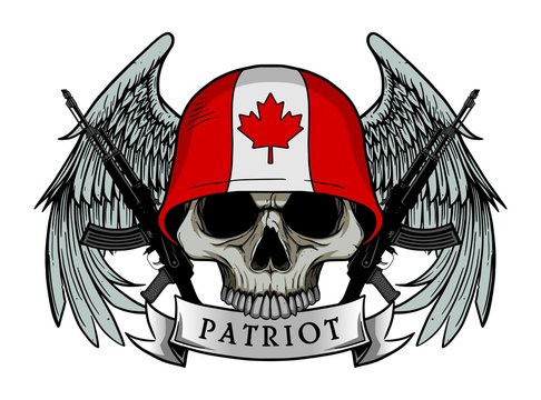 Military skull or patriot skull with CANADA flag Helmet and Wings Background and ak47 Gun