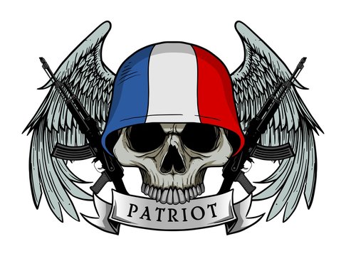 Military skull or patriot skull with FRANCE flag Helmet and Wings Background and ak47 Gun