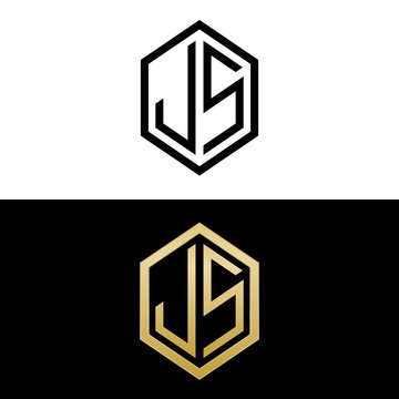 initial letters logo js black and gold monogram hexagon shape vector