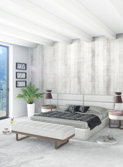 Vertical Bedroom Minimal or Loft style Interior Design. 3D Rendering. Concept idea.
