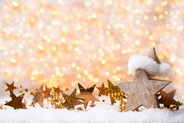Christmas greeting card with christmas gold decorations.