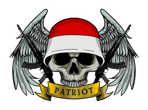 Military skull or patriot skull with INDONESIA flag Helmet and Wings Background and ak47 Gun