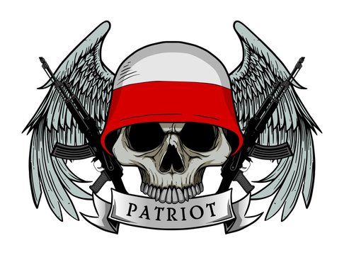 Military skull or patriot skull with POLANDIA flag Helmet and Wings Background and ak47 Gun