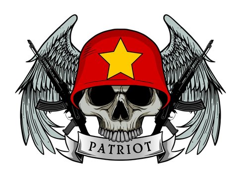 Military skull or patriot skull with VIETNAM flag Helmet and Wings Background and ak47 Gun