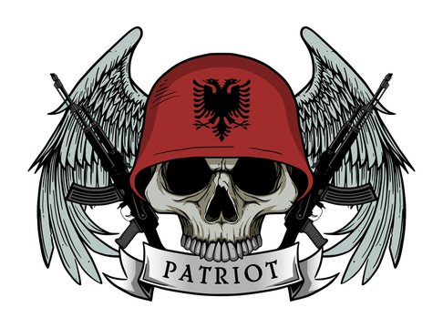 Military skull or patriot skull with ALBANIA flag Helmet and Wings Background and ak47 Gun