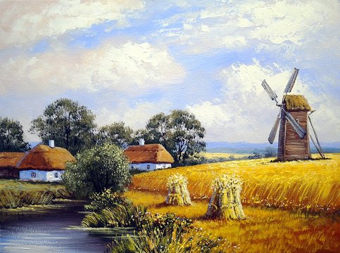 Beautiful  landscape. Windmill. Village. Oil  paintings.