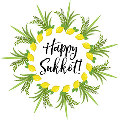 Happy Sukkot round frame of herbs. Jewish holiday huts template for greeting card with etrog, lulav, Arava, Hadas. Isolated on white background. Vector illustration