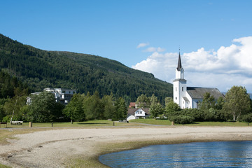 White church in rural landscape