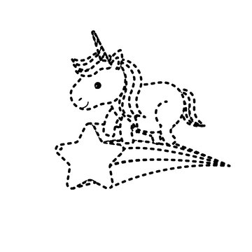 dotted shape nice unicorn with horn and shooting star vector illustration