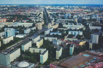 Aerial view of Berlin with skyline and scenery beyond the city, Germany, seen from the observation...