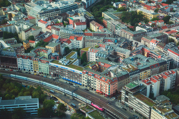 Aerial view of Berlin with skyline and scenery beyond the city, Germany, seen from the observation...