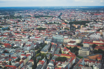 Aerial view of Berlin with skyline and scenery beyond the city, Germany, seen from the observation...
