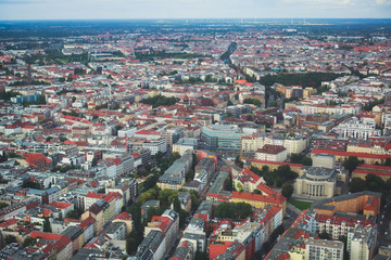 Aerial view of Berlin with skyline and scenery beyond the city, Germany, seen from the observation...