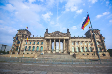 Facade of german parliament called Reichstag or Bundestag, building, Berlin, Germany, The...
