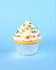 Single iced cupcake with colorful sprinkles