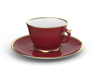 Isolated antique porcelain cup with gold on white background. 3D Illustration.